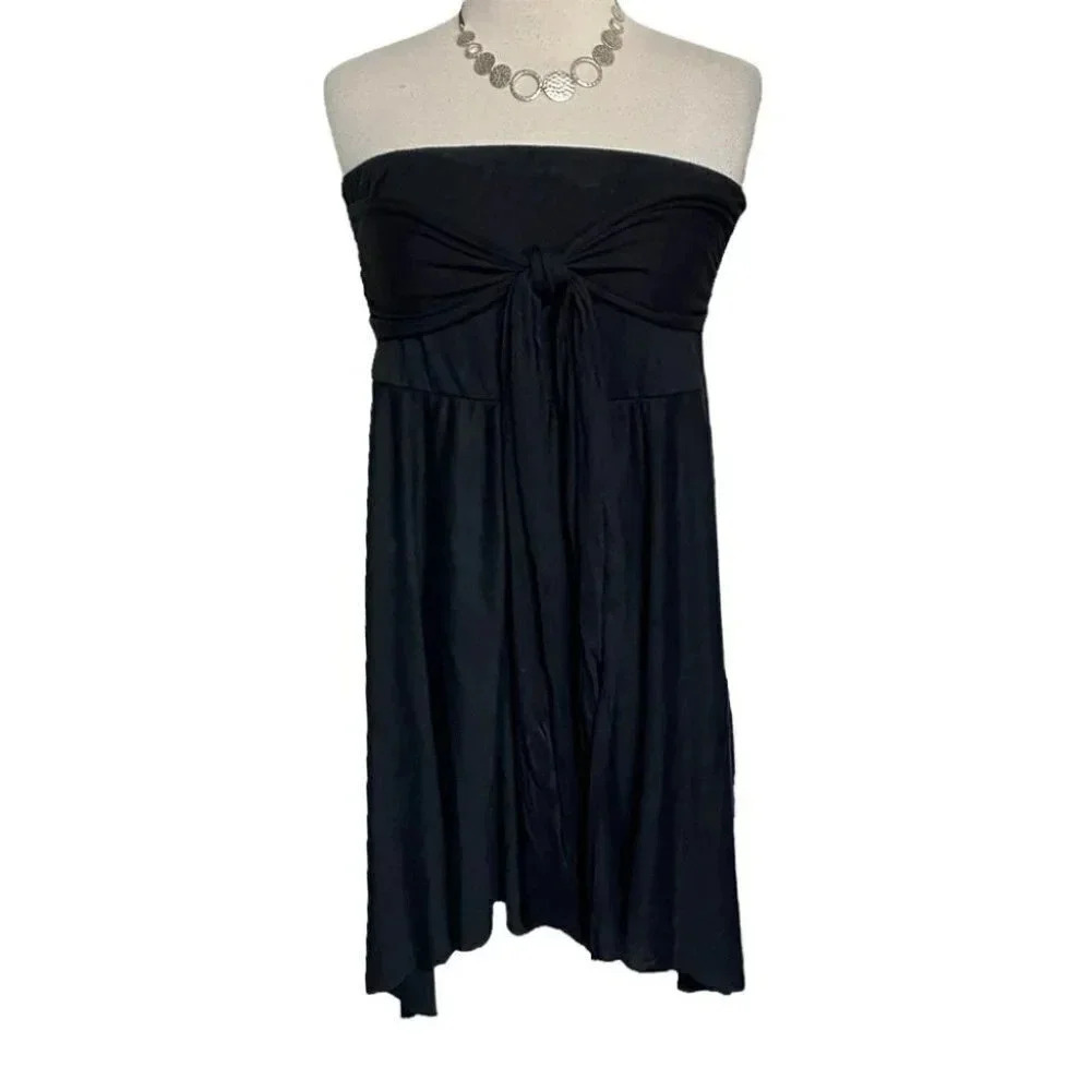 Catalina Swim Cover-Up Dress L Black‎ Strapless Tie Front Handkerchief Hem